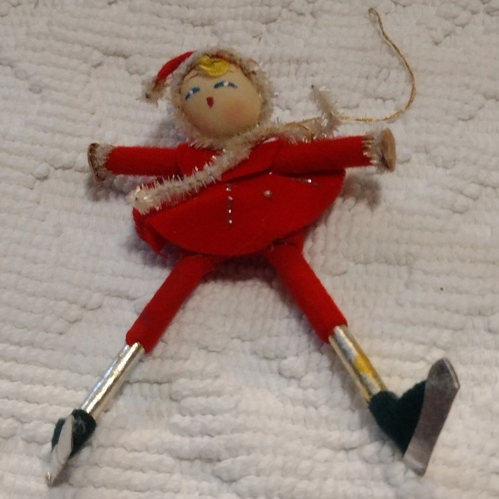 Vintage Red Felt Ice Skater Girl Christmas Ornament Tinsel Trim 5in